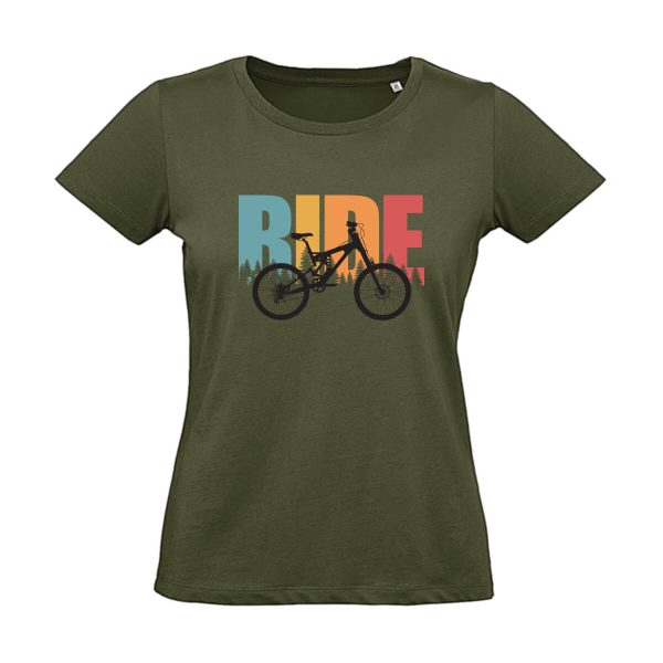 Grünes Damen T-Shirt mit Ride Aufschrift