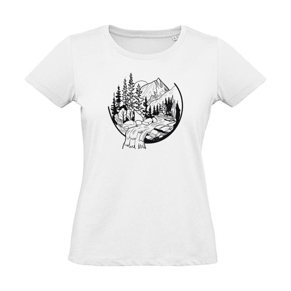 Weißes Damen T-Shirt mit Berg und Wasserfall Motiv