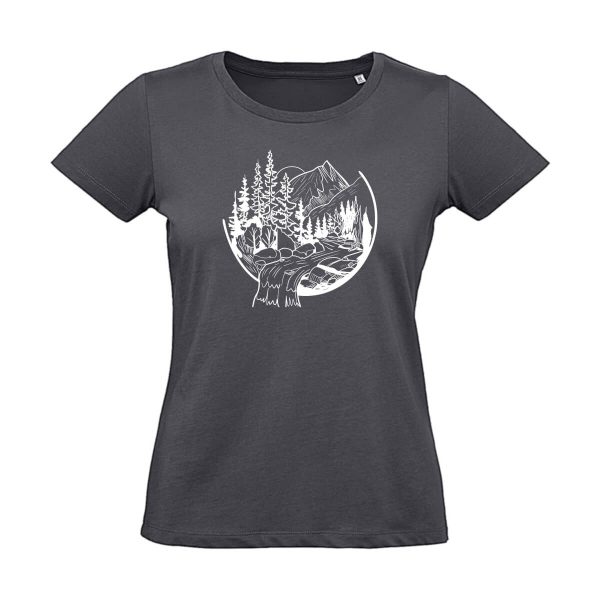 Dunkel graues Damen T-Shirt mit Berg und Wasserfall Motiv