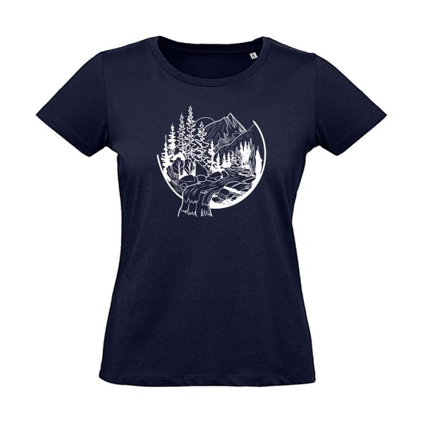 Blaues Damen T-Shirt mit Berg und Wasserfall Motiv