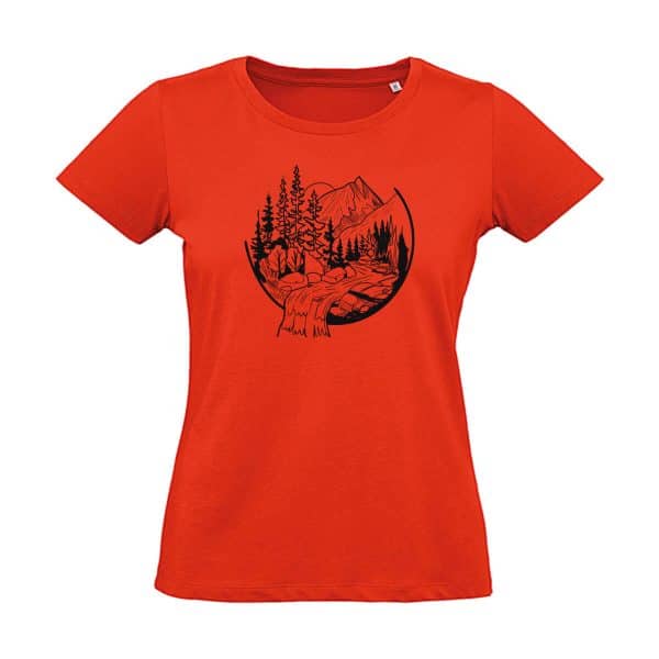 Rotes Damen T-Shirt mit Berg und Wasserfall Motiv