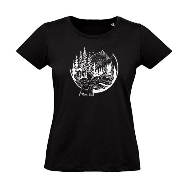 Schwarzes Damen T-Shirt mit Berg und Wasserfall Motiv