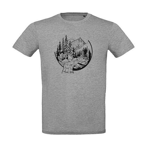 Graues Herren T-Shirt mit Berg und Wasserfall Motiv