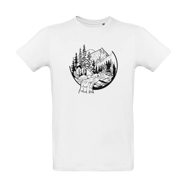 Weißes Herren T-Shirt mit Berg und Wasserfall Motiv