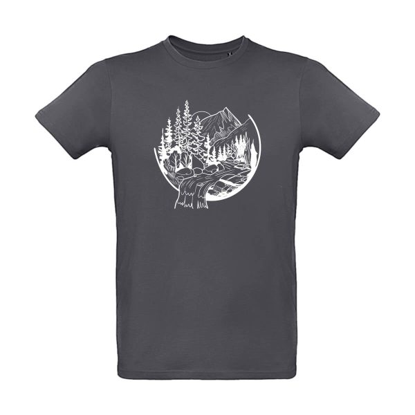 Dunkel Graues Herren T-Shirt mit Berg und Wasserfall Motiv