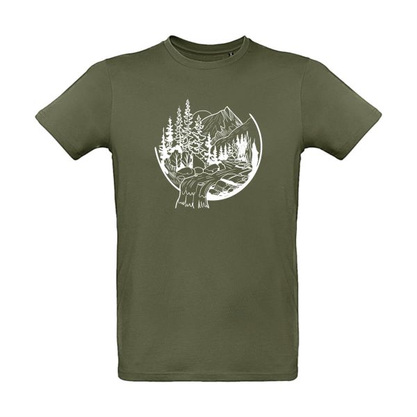 Grünes Herren T-Shirt mit Berg und Wasserfall Motiv