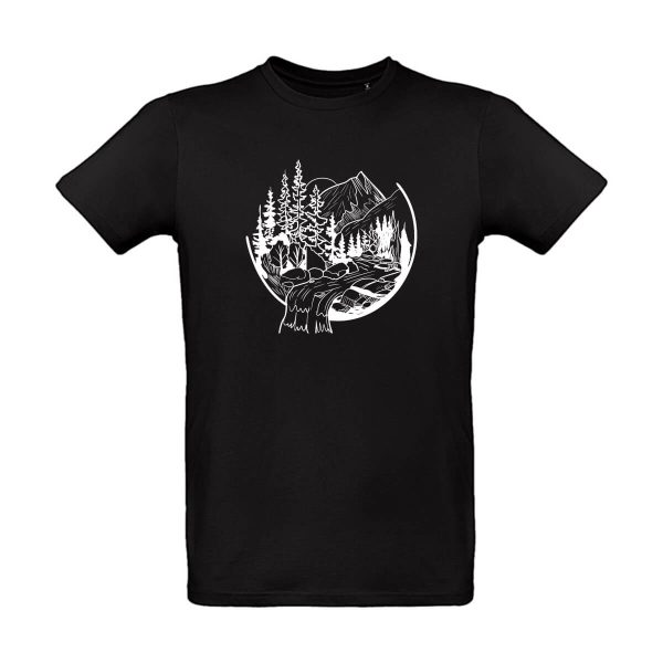 Schwarzes Herren T-Shirt mit Berg und Wasserfall Motiv