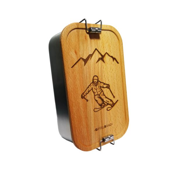 Lunchbox mit Holzdeckel wo ein Skifahrer graviert ist