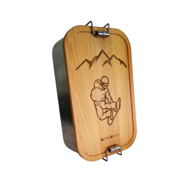 Lunchbox mit Holzdeckel wo ein Snoboarder graviert ist
