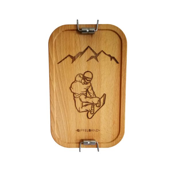Lunchbox mit Holzdeckel wo ein Snoboarder graviert ist
